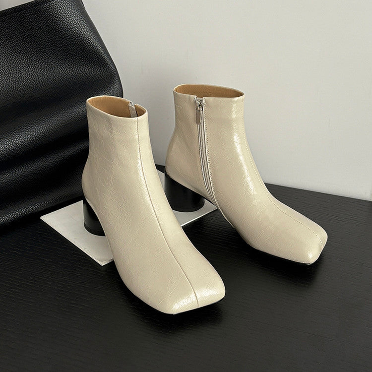 Karin Luna French Style Square Toe Chunky Heel Ankle Boots
