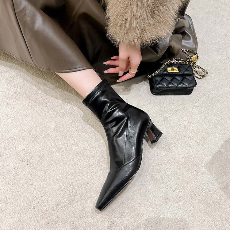 Karin Luna Elegant Small Square Toe Chunky Heel Slim Boots