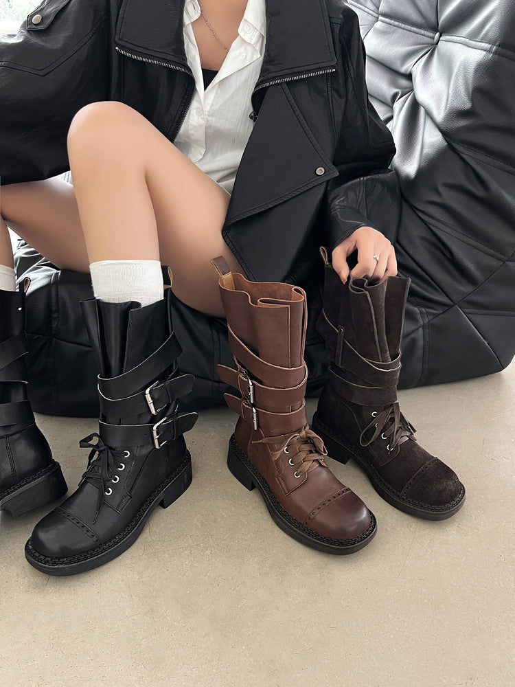 Karin Luna Bestseller Hot-Selling Large Tube Leather Belt Buckle Round Toe Thick-Soled Short Boots