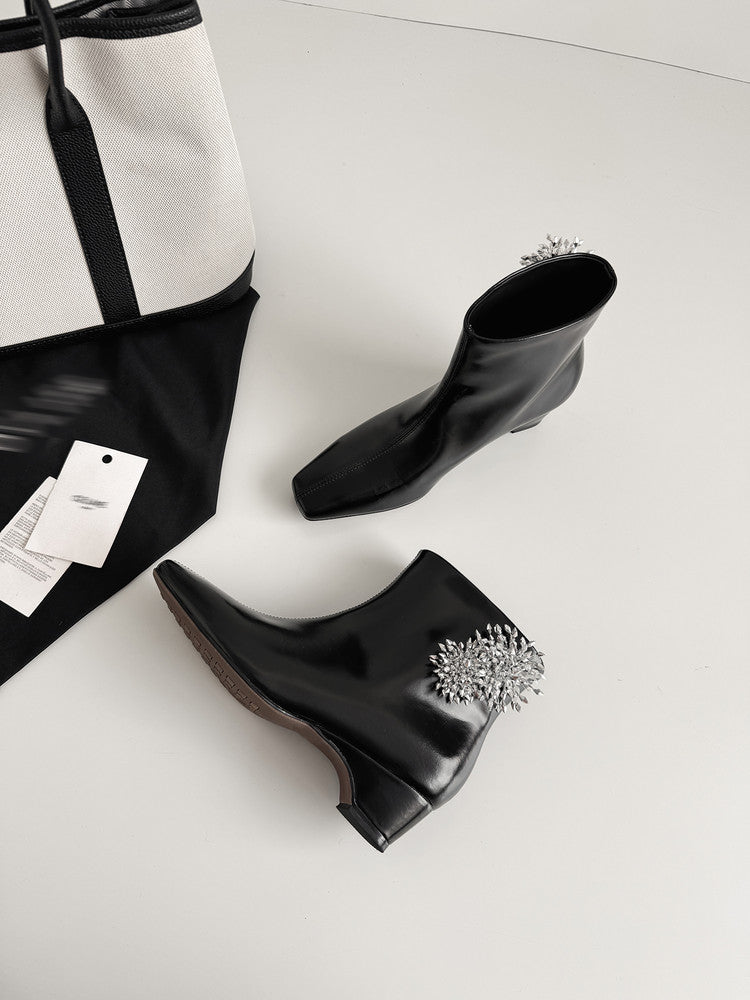 Karin Luna Elegant Style Square Toe Flower Design Height Increasing Short Boots with Two Front and Back Options
