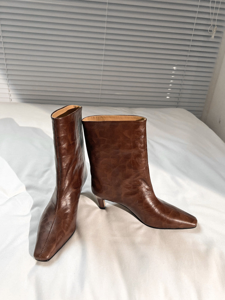Karin Luna In Stock Spot Goods Top Layer Stone Pattern Cowhide Textured Small Square Toe Straight Short Boots