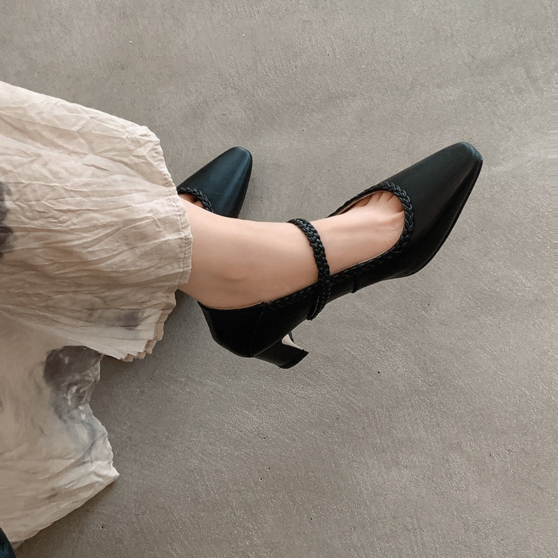 Karin Luna Braided Element Design Chunky Heel Square Toe Single Strap Shoes