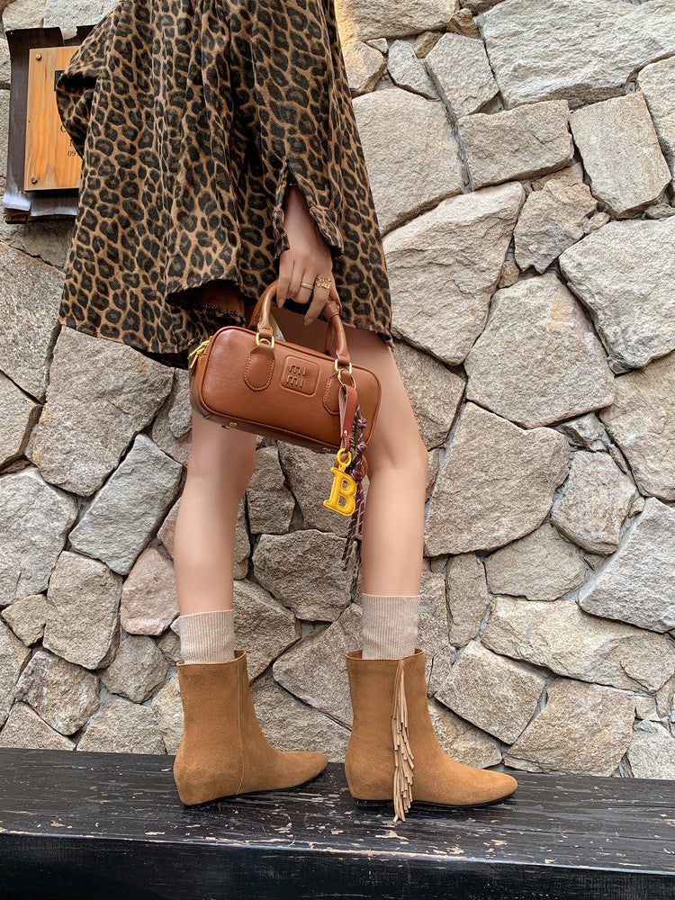 Karin Luna In Stock Spot Goods Tassel Square Toe Hidden Wedge Short Boots