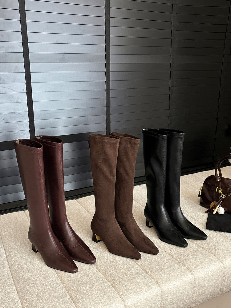 Karin Luna In Stock In Stock  Square Toe Chunky Heel Korean Style Elegant Long Boots