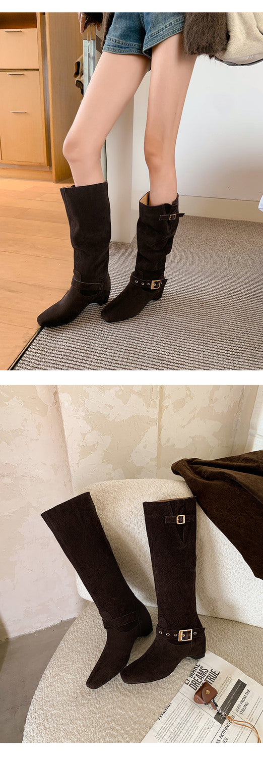 Karin Luna Data Model Belt Buckle Matte Square Toe Hidden Wedge Slouch Western Boots
