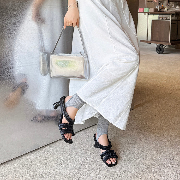 Karin Luna In Stock  Spot Goods  Unique Square-Toe Pleated Lace Sandals