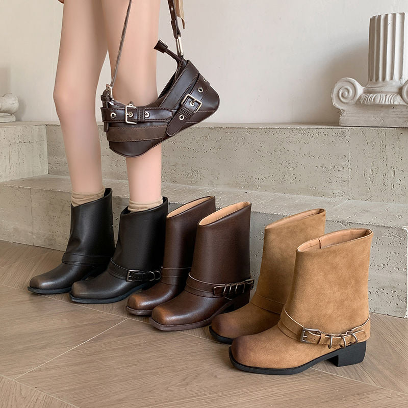 Karin Luna Elegant Style Square Toe Belt Buckle Pants Boot Short Boots