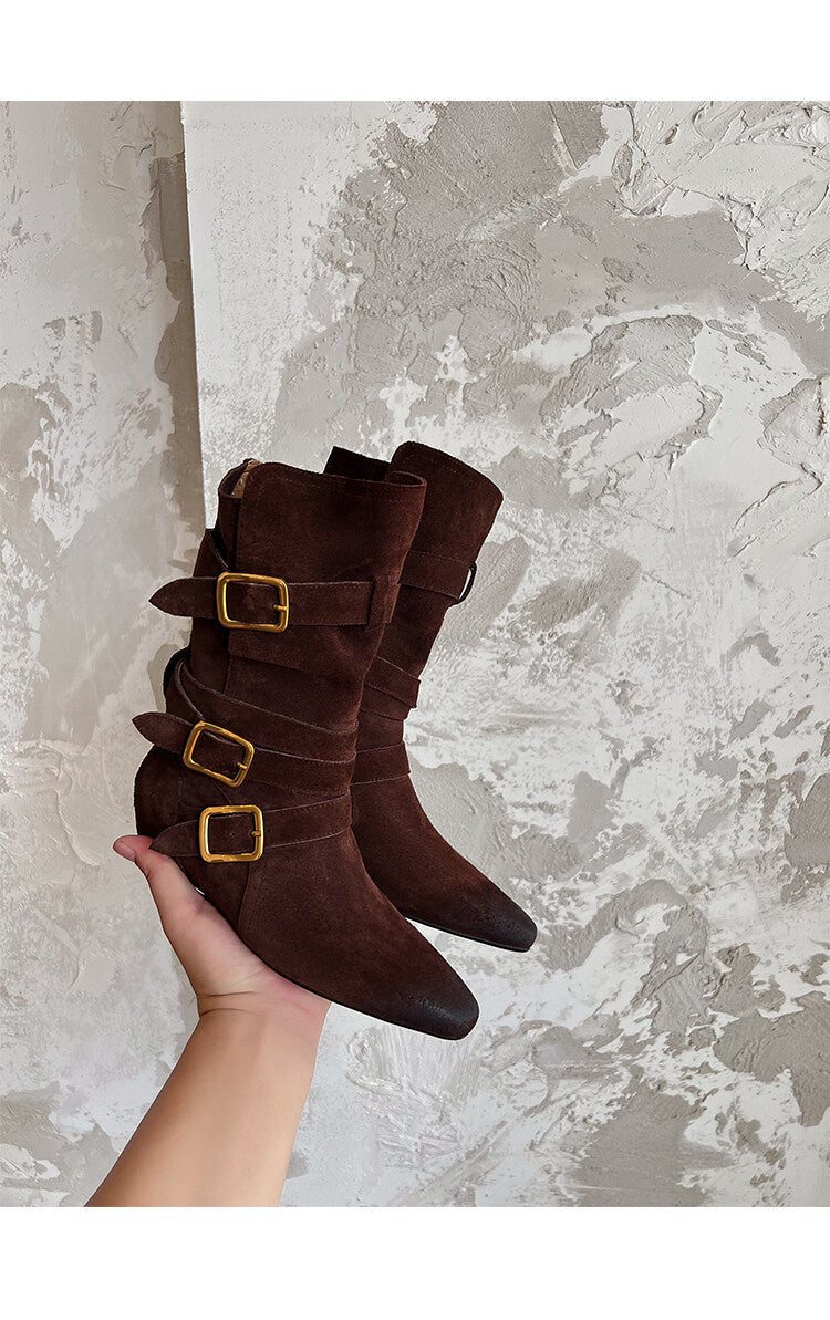 Karin Luna Cow Leather Small Square Toe Belt Buckle Fashion Boots