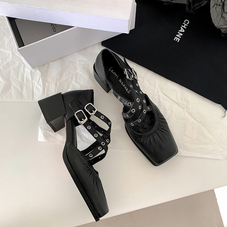 Karin Luna In Stock Spot Goods First Layer Sheepskin Cross Strap Rivet Square Toe Mary Jane Sandals