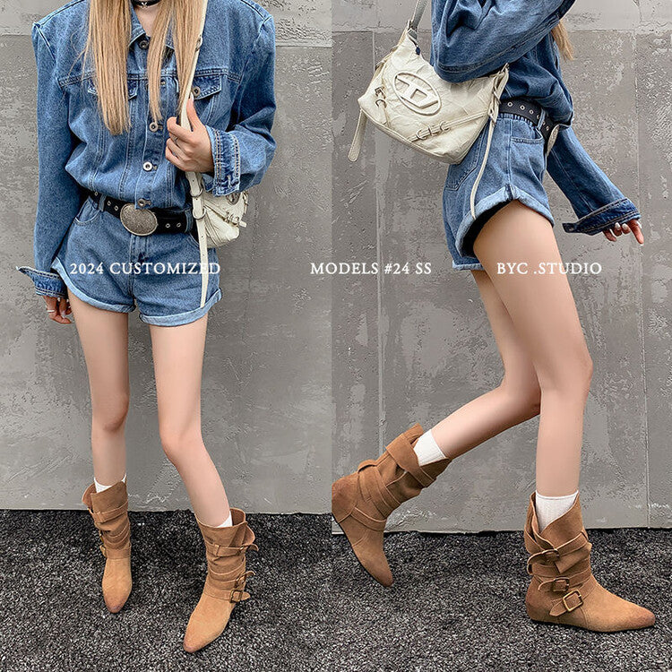 Karin Luna Cow Leather Small Square Toe Belt Buckle Fashion Boots