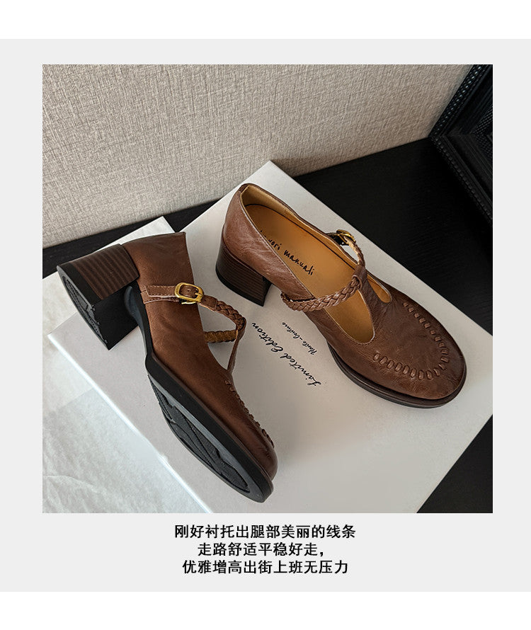 Karin Luna In Stock Spot Goods Vintage Braided Twist High Heels T Round Toe Thick Sole Single Shoes