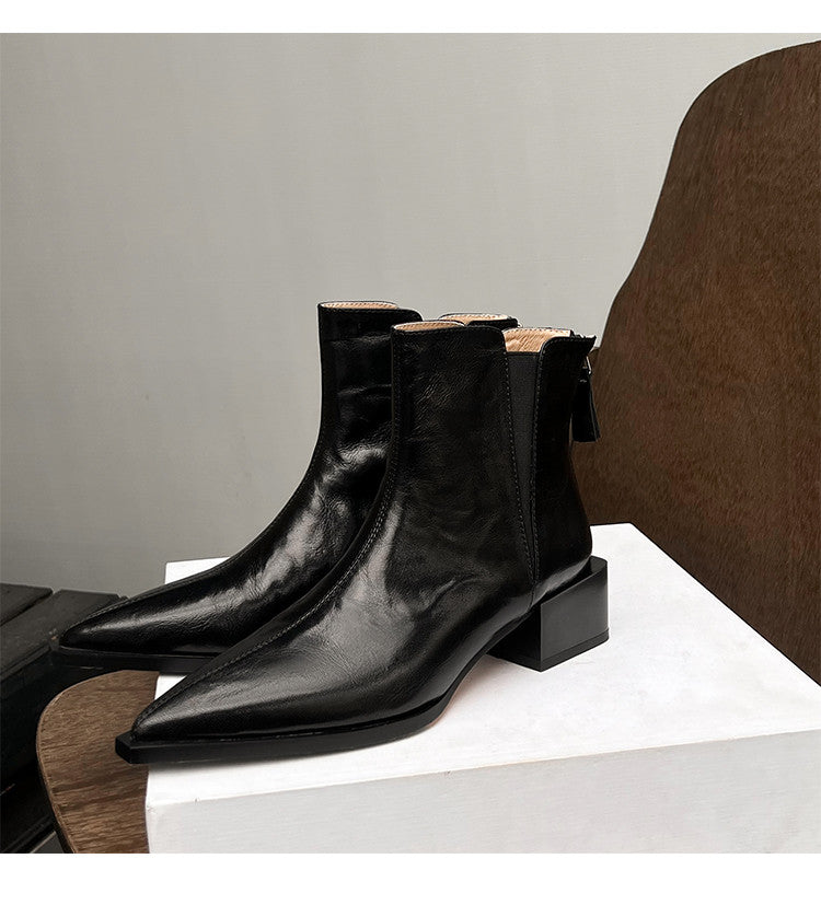 Karin Luna In Stock Spot Goods Elegant Stretch Fabric Patchwork Pointed Toe Chunky Heel Short Boots