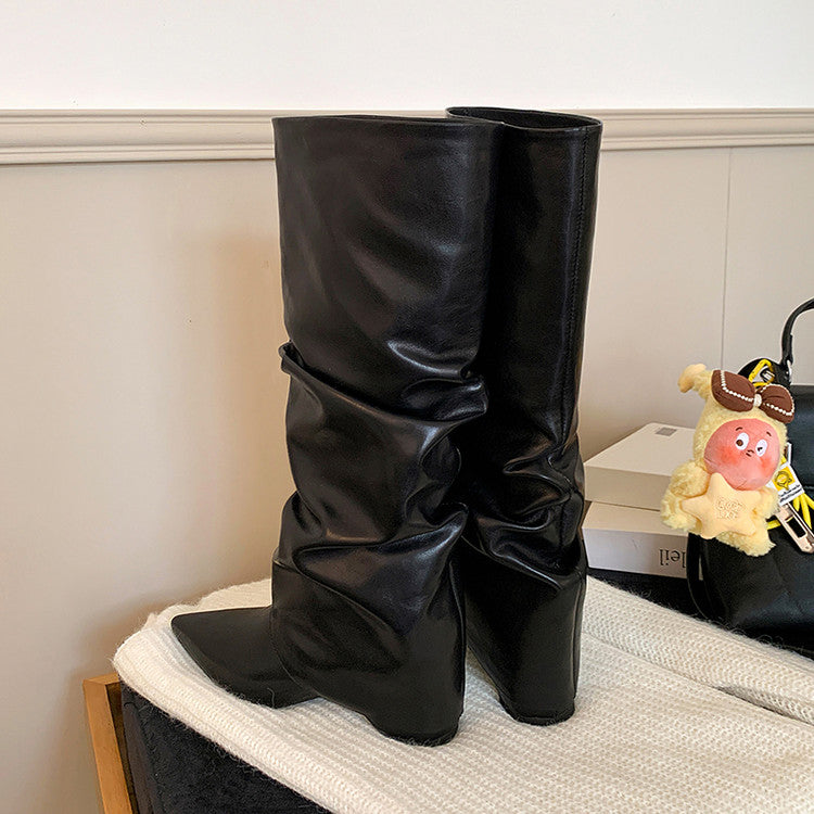 Karin Luna Elegant Style Pointed Toe Hidden Wedge Long Boots