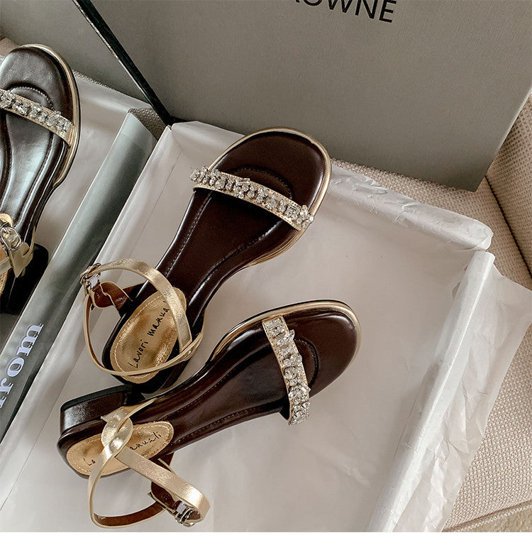 Karin Luna In Stock In Stock  Rhinestone Strap Round Toe Chunky Heel Sandals