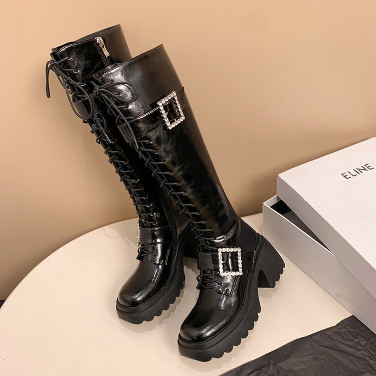 Karin Luna In Stock Spot Goods Bestselling Extended Version Rhinestone Square Buckle Thick Sole Lace-up Thick Sole Full Cowhide Knight Boots