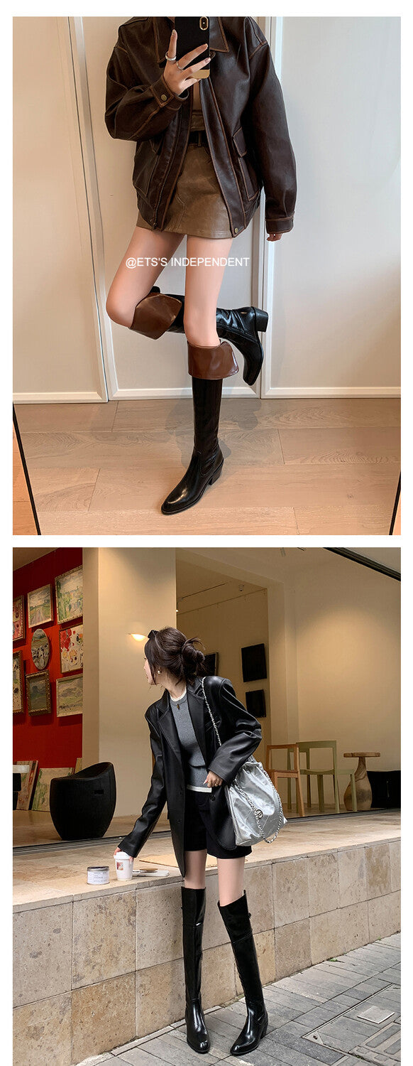 Karin Luna exploded  Three versions exploded Single Fleece Lining Fur Collar Version  Thick Fur Collar Foldable Hot-Selling Full Cowhide Pointed Toe Chunky Heel Classic Style