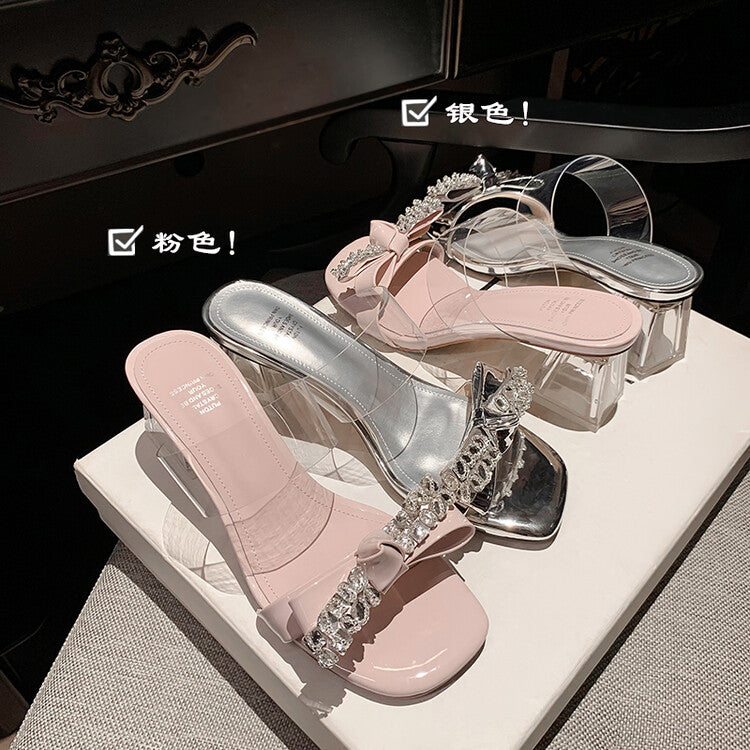 Karin Luna In Stock Summer New It's clearly a model with high traffic Rhinestone Flower Bow Crystal Heel Slippers