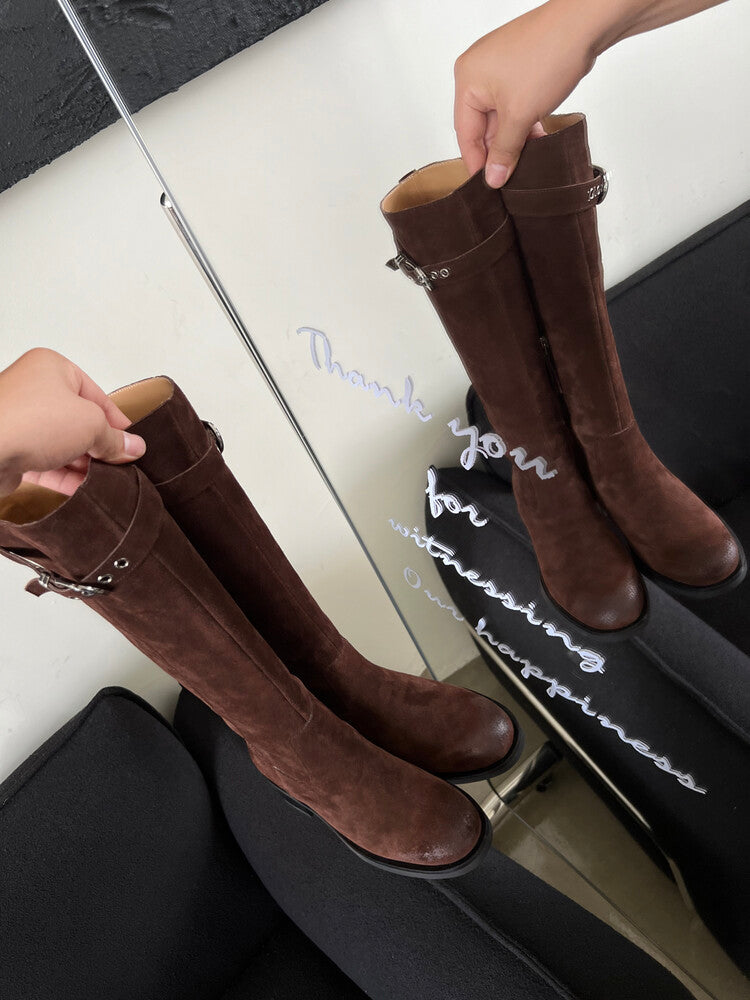 Karin Luna Chunky Heels Round Head Belt Buckle  Fashionable Suede Boots