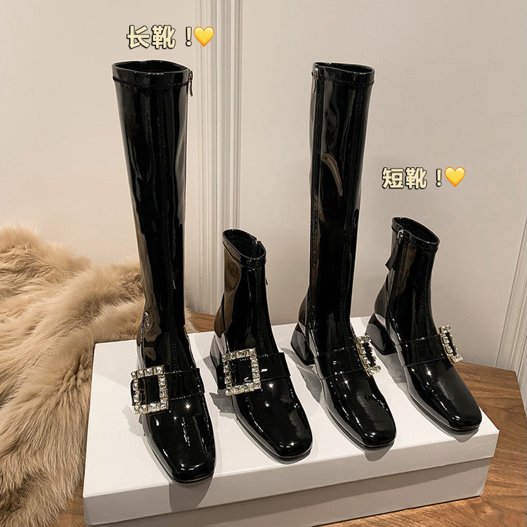Karin Luna Elegant Style Ultra Slimming Rhinestone Chunky Heel British Style Riding Boots Long Boots