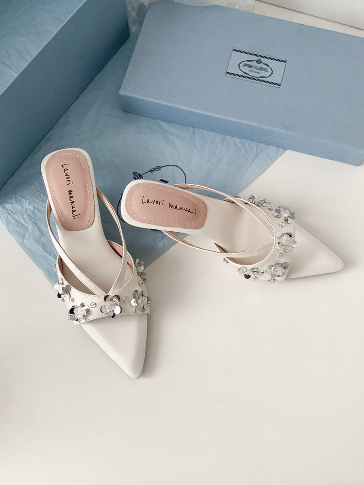 Karin Luna Bestseller Sequin Elements Elegant Pointed Toe Irregular Heel Slippers