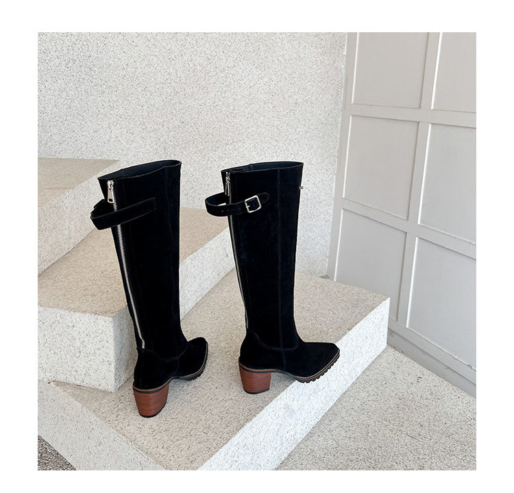 Karin Luna In Stock Spot Goods Retro Cowhide Leather Chunky Heel Suede Long Boots