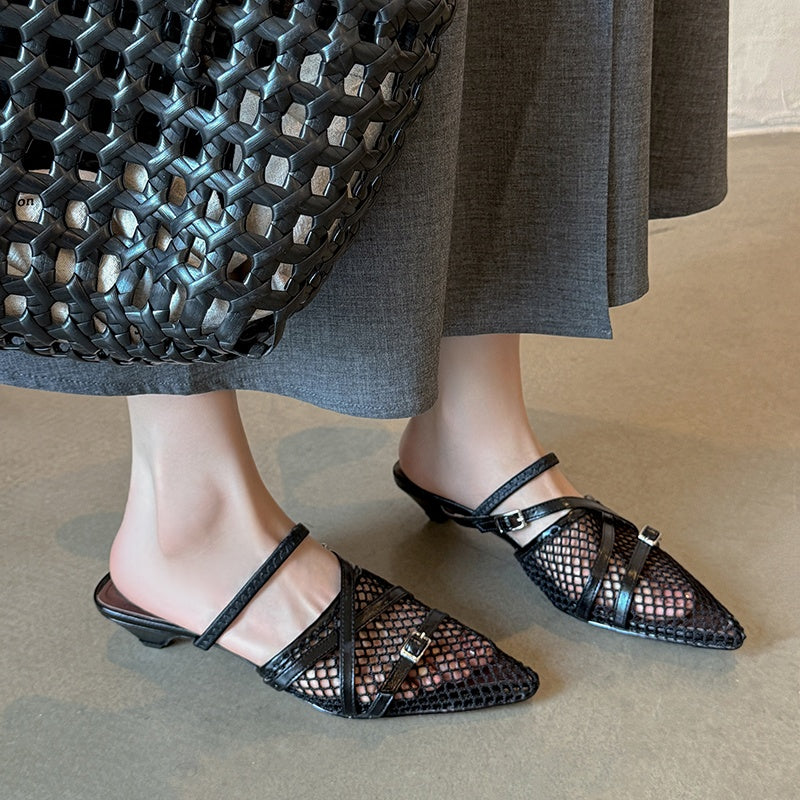 Karin Luna In Stock  Spot Goods  Mesh Series Elegant Closed-Toe Belt Buckle Slippers