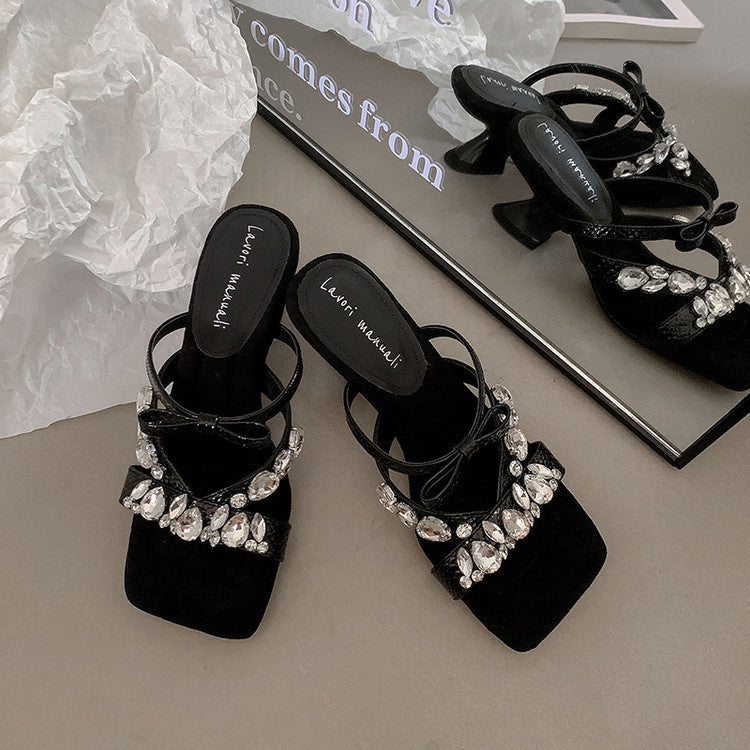Karin Luna In Stock In Stock  Square Toe Rhinestone Bow Suede Slippers