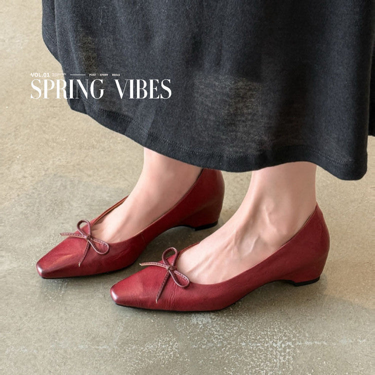 Karin Luna Full Layer Inside and Out~Basic Versatile Small Square Toe Butterfly Knot Irregular Heel Single Shoes