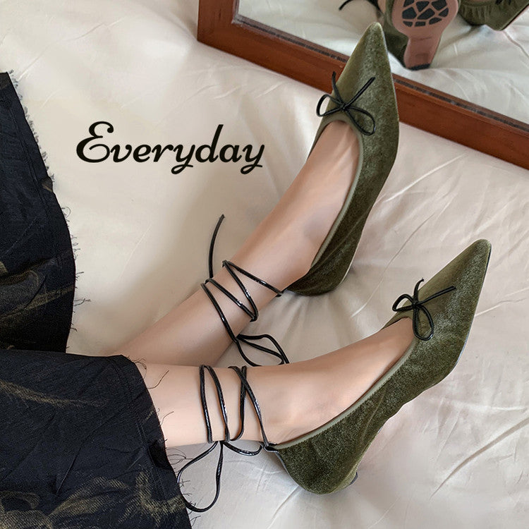 Karin Luna In Stock In Stock Retro Velvet Pointed Toe Bowknot Single Shoes