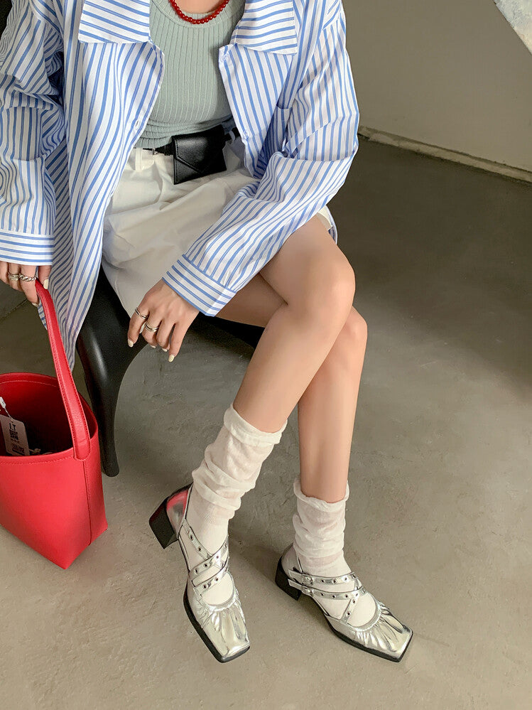 Karin Luna In Stock Spot Goods First Layer Sheepskin Cross Strap Rivet Square Toe Mary Jane Sandals
