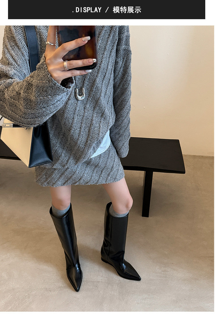 Karin Luna Elegant Style Pointed Toe Internal Height Increase Slip-On Long Boots