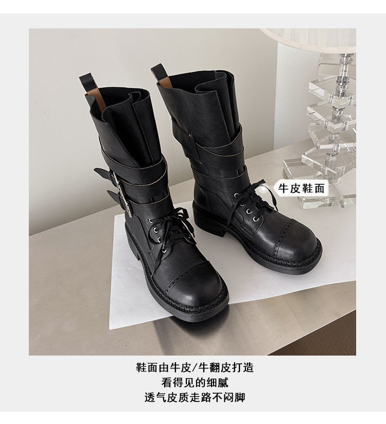 Karin Luna Bestseller Hot-Selling Large Tube Leather Belt Buckle Round Toe Thick-Soled Short Boots