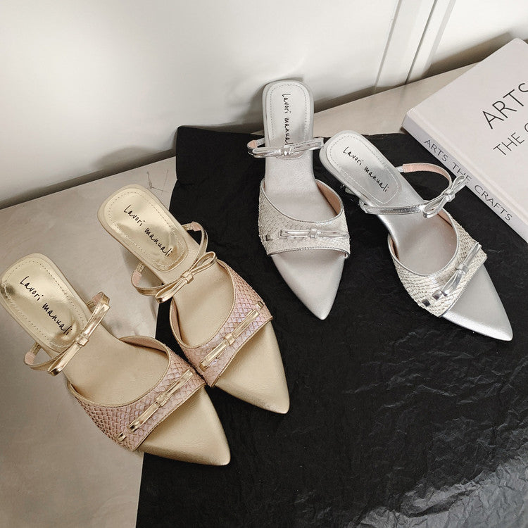 Karin Luna Fish Skin Series~Pointed Toe Irregular Heel Bowknot Strap Slippers