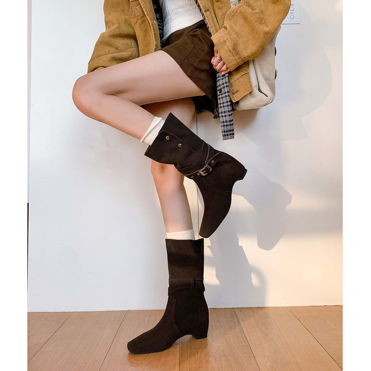 Karin Luna Foldable Belt Buckle Square Toe Hidden Wedge Short Boots