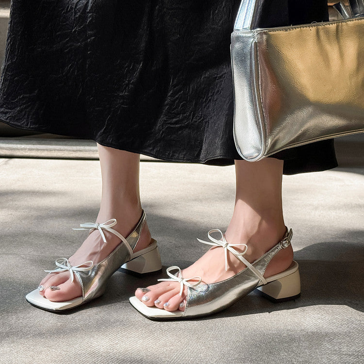 Karin Luna In Stock Spot Goods Square Toe Double Bow Thick Heel Sandals