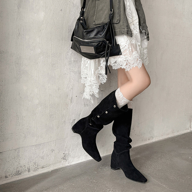 Karin Luna Bestseller Hot-Selling Hidden Buckle Lazy Style Square-Toe Height-Increasing Suede Western Boots