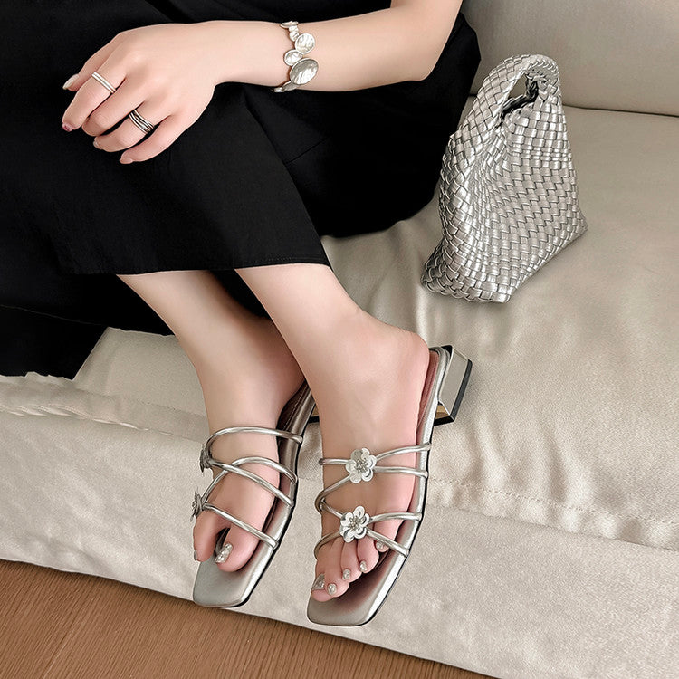 Karin Luna In Stock    Spot Goods    Square Toe One-Strap Sequin Flower Flat Slippers