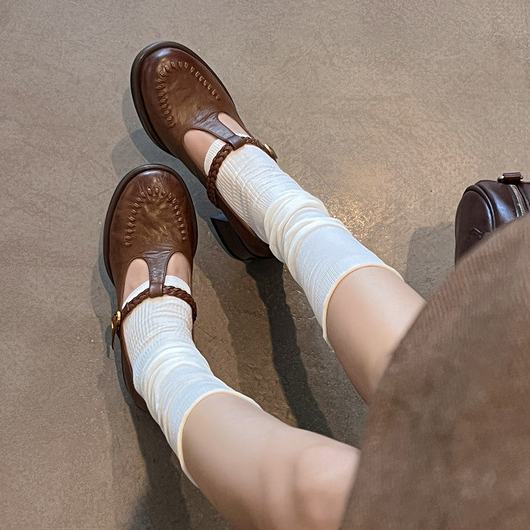 Karin Luna In Stock Spot Goods Vintage Braided Twist High Heels T Round Toe Thick Sole Single Shoes