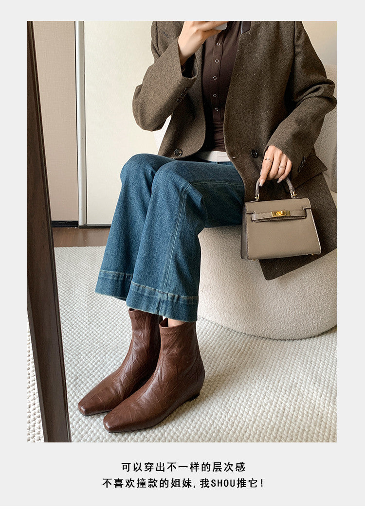 Karin Luna In Stock Spot Goods Slim Series  Hidden Wedge Small Square Toe Back Zipper Short Boots