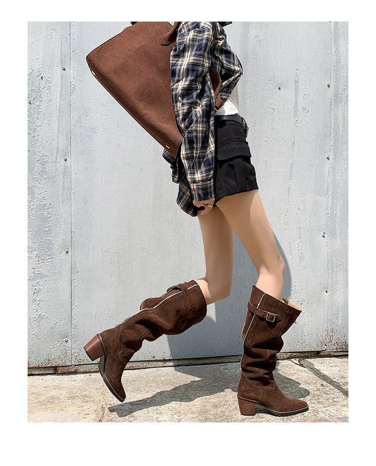 Karin Luna In Stock Spot Goods Retro Cowhide Leather Chunky Heel Suede Long Boots
