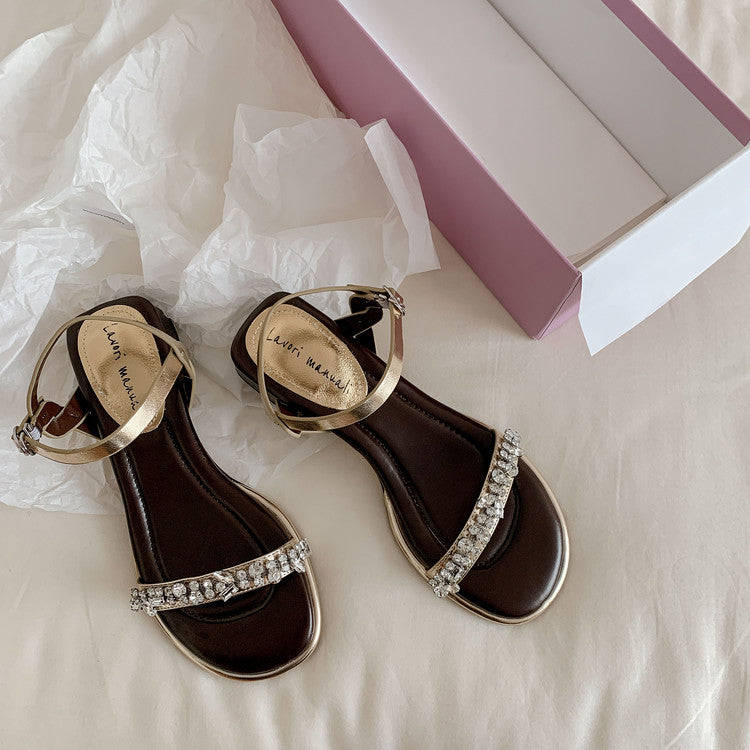 Karin Luna In Stock In Stock  Rhinestone Strap Round Toe Chunky Heel Sandals