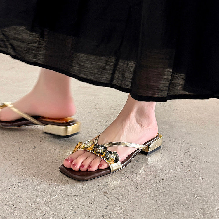Karin Luna In Stock Spot Goods  One-Strap Sequin Floral Square-Toe Flat Slippers