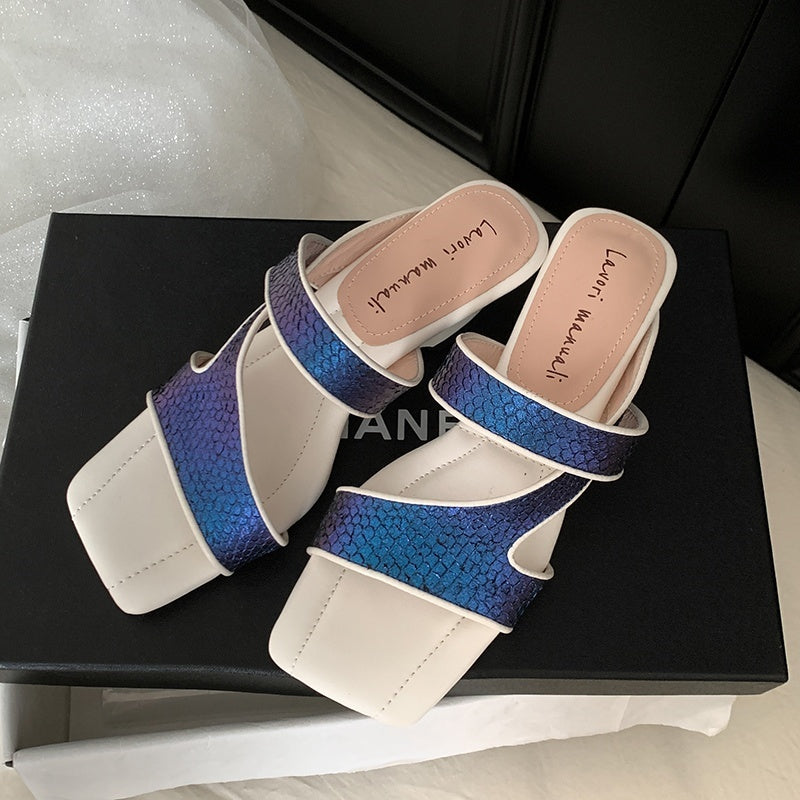Karin Luna Fish Skin Series~Minimalist Square Toe Popular Irregular Heel Slippers