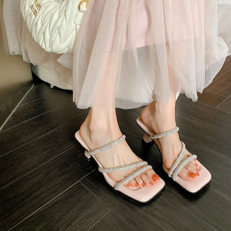 Karin Luna In Stock Spot Goods  Minimalist Versatile Square Toe Rhinestone Strap Open-Toe Sandals