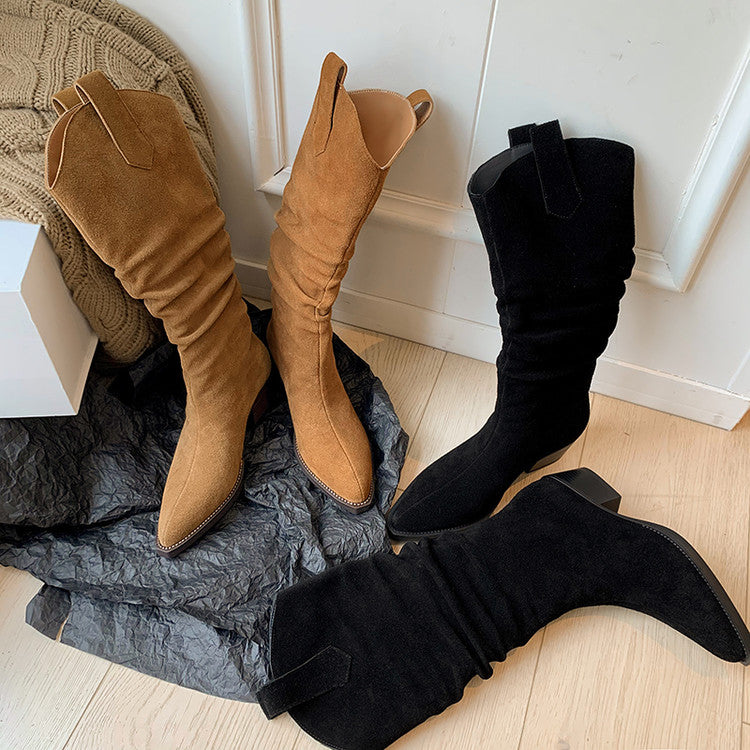 Karin Luna Elegant Style  Pointed Toe Wrinkled Wide Western Boots