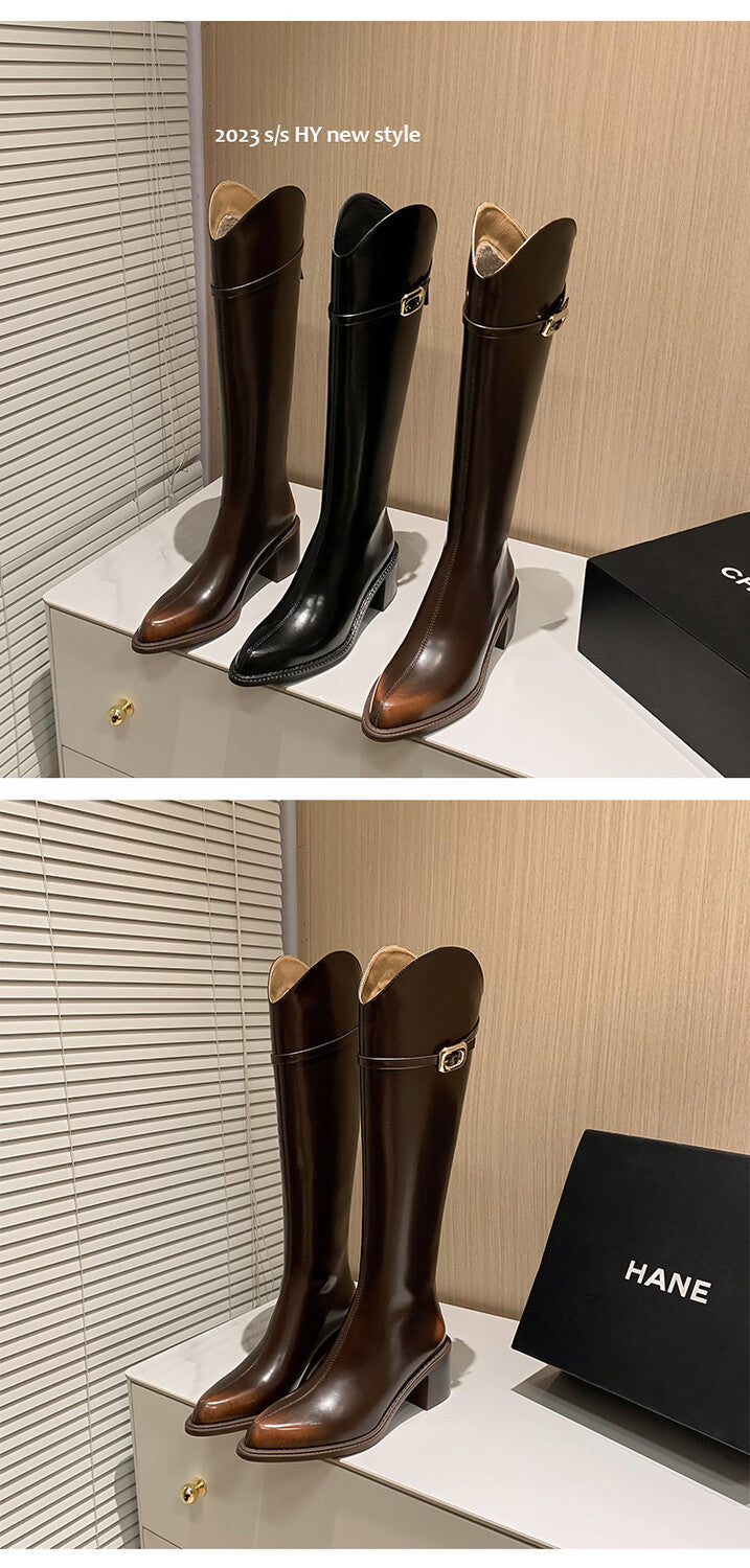 Karin Luna Bestseller  Popular Understood everything  Basic Elegant Outfit Pointed Toe Chunky Heel Full Cowhide I Am A Knight Boots