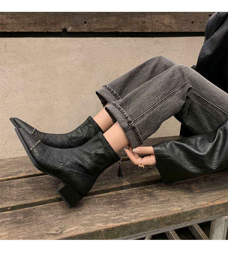 Karin Luna In Stock In Stock Slim Boots Series~Pointed Toe Rivet Slim Short Boots