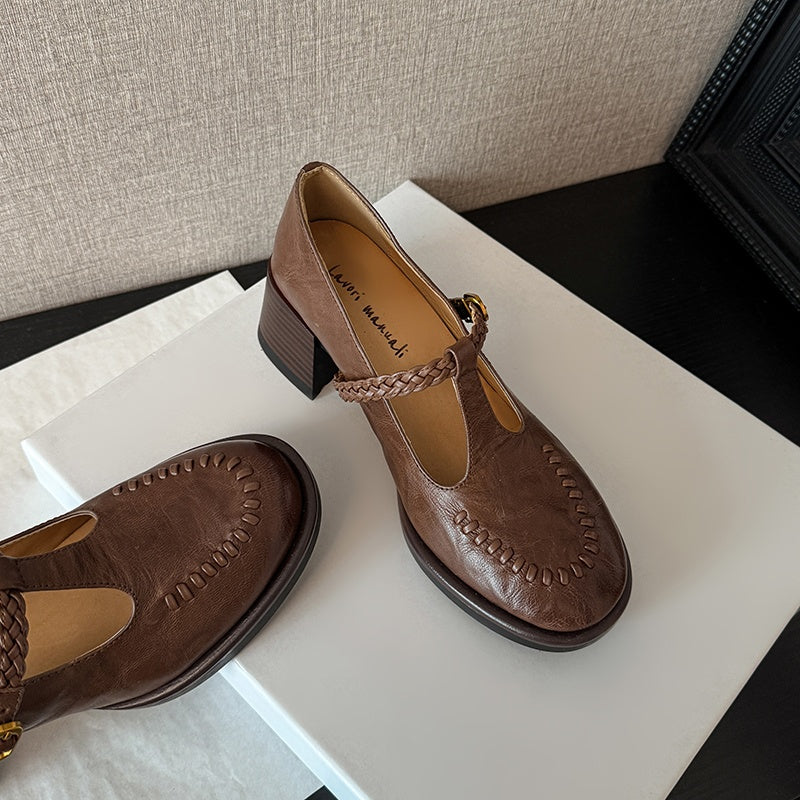 Karin Luna In Stock Spot Goods Vintage Braided Twist High Heels T Round Toe Thick Sole Single Shoes