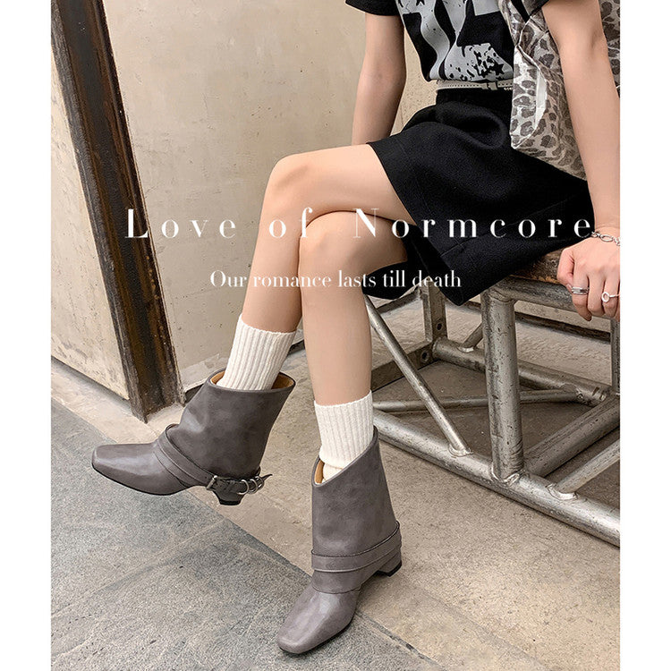 Karin Luna Data Hot Item Square Toe Hidden Wedge Belt Buckle Suede Ankle Boots