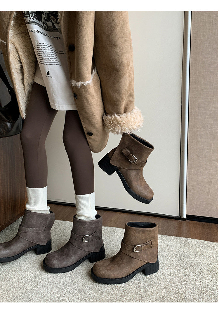 Karin Luna In Stock Spot Goods Versatile Basic Round Toe Belt Buckle Thick Sole Tube Boots